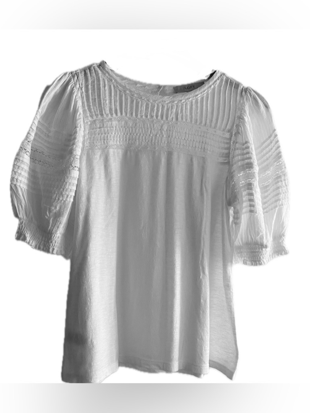 LOFT White Puff Short Sleeve Cotton Pleated Lace Insert Top
